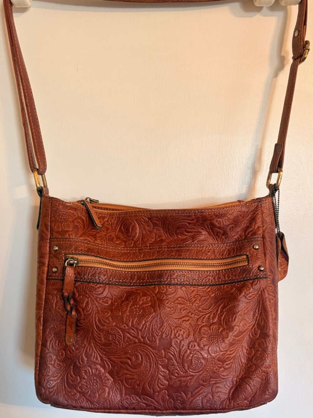 Great American Leather Works Tooled Leather Crossbody Bag Brown Floral